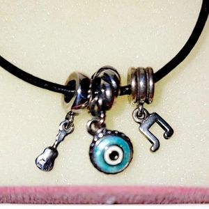 Pandora 3 charms. Evil eye. Guitar. Hebrew letter Chai.
